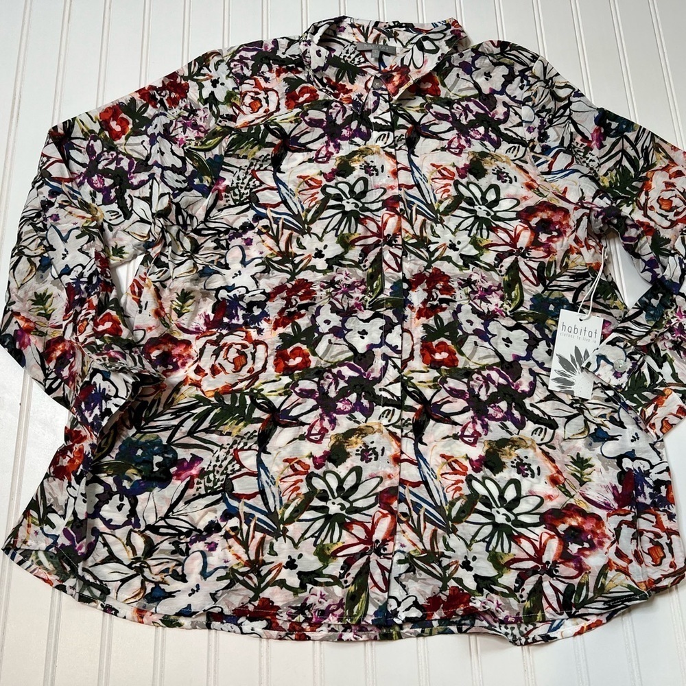 Habitat Multi-Watercolor Bell Sleeve Tunic Blouse Top Large Collared NEW. 97